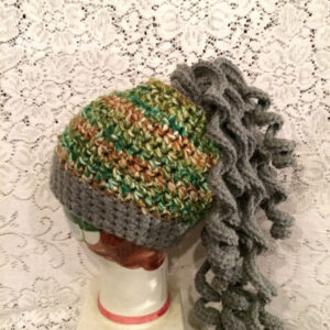 Multicolored Browns & Greens Messy Bun Hat w/Brim